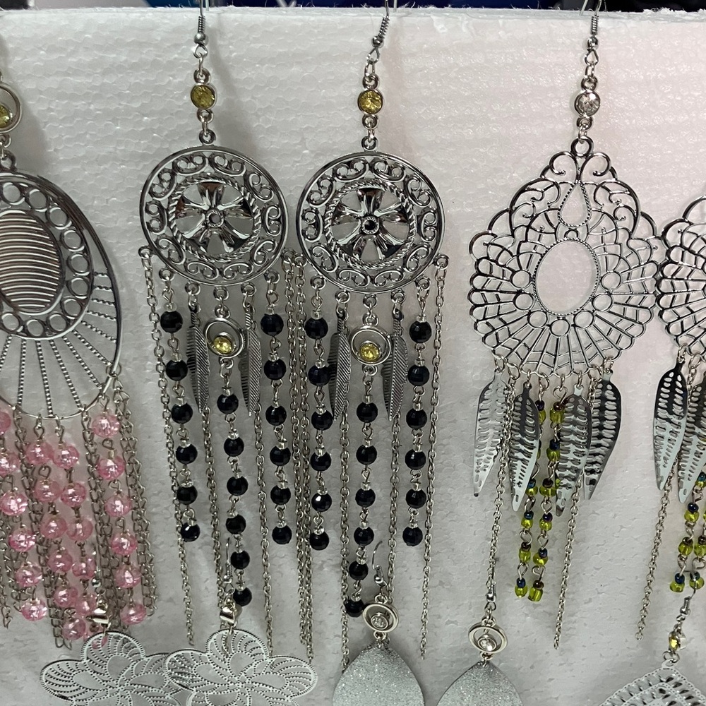 Bundle of 8 sets dangle/chandelier Silver beaded earrings large shiny easy match - Picture 4 of 10